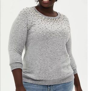 PLUSH LIGHT GREY FAUX PEARL CREW SWEATSHIRT